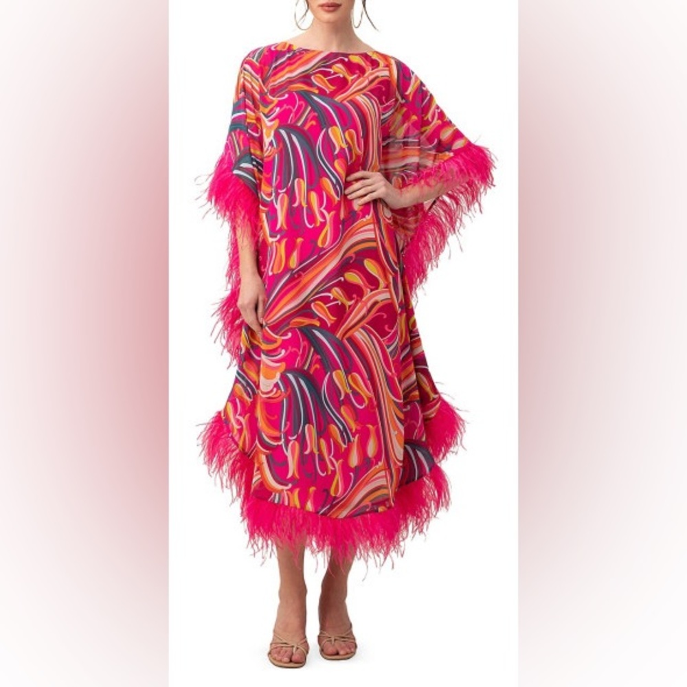 Trina Turk Women's Neena Feather-Trim Caftan size M
